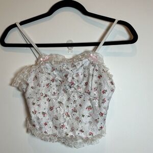 Romwe White Lace Floral Crop Cami Top Cottagecore‎ Coquette XS